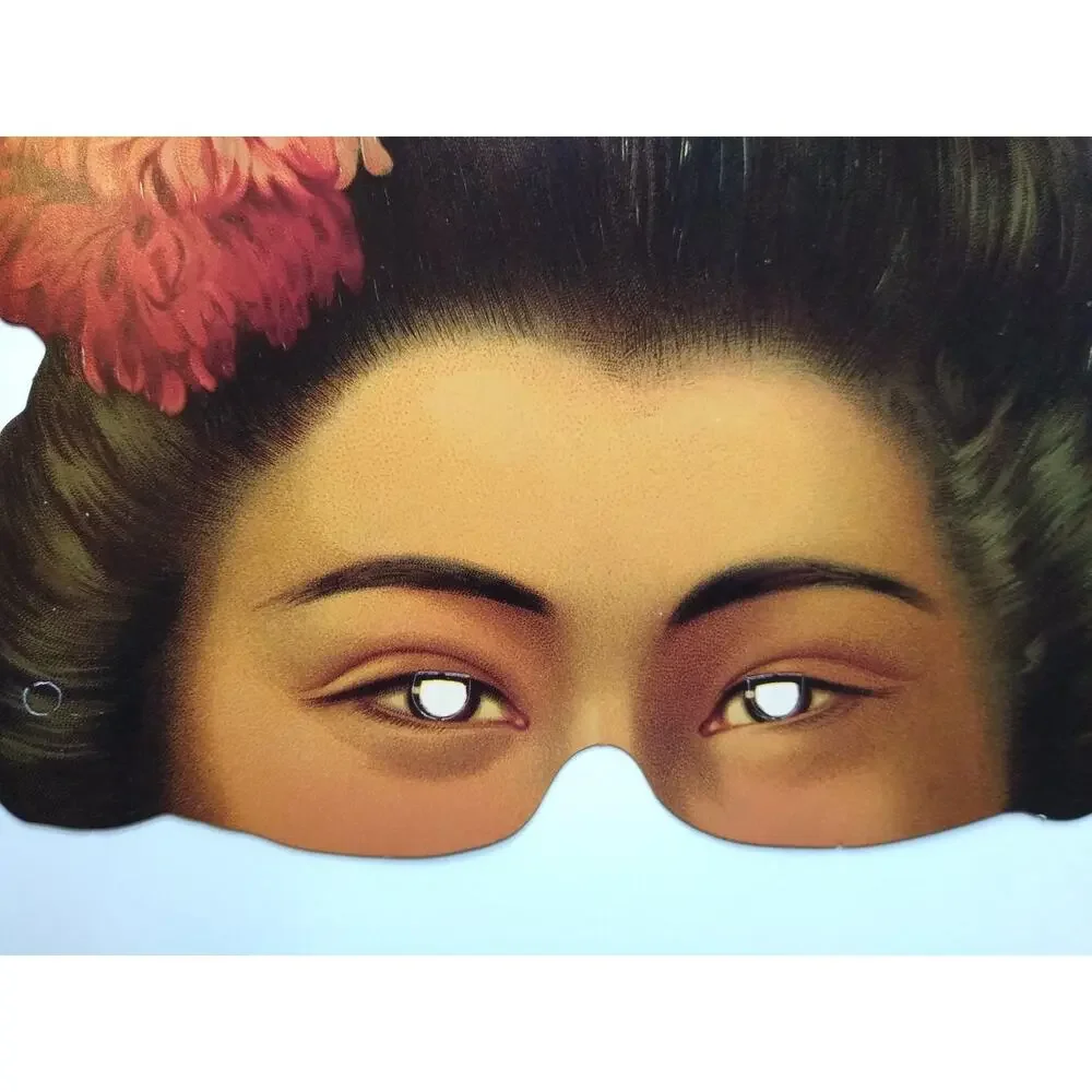 Vintage Asian Woman Paper Mask Geisha Style Costume Eye Mask Floral Hair